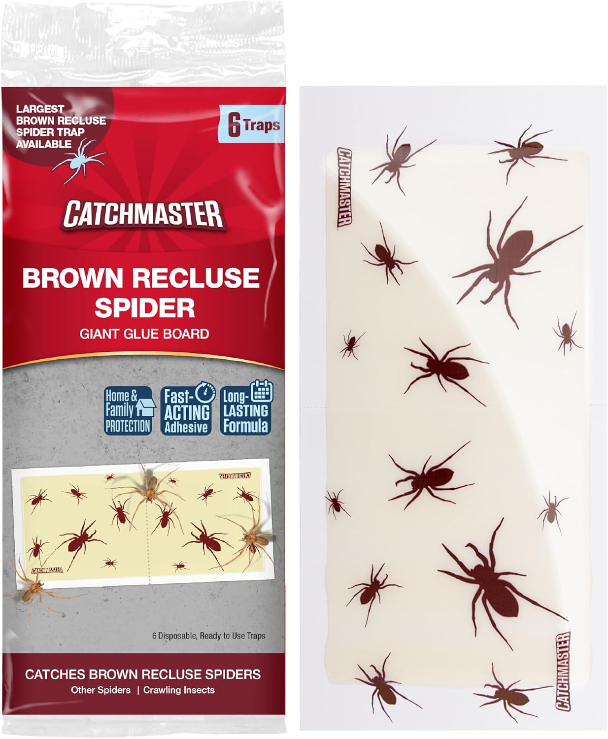 Catchmaster Brown Recluse Spider Giant Glue Boards 6Pk, Adhesive Bug Catcher, Insect, Scorpion, Cricket, Cockroach & Spider Killer for Home, Bulk Glue Boards for House & Garage, Pest Control for Home