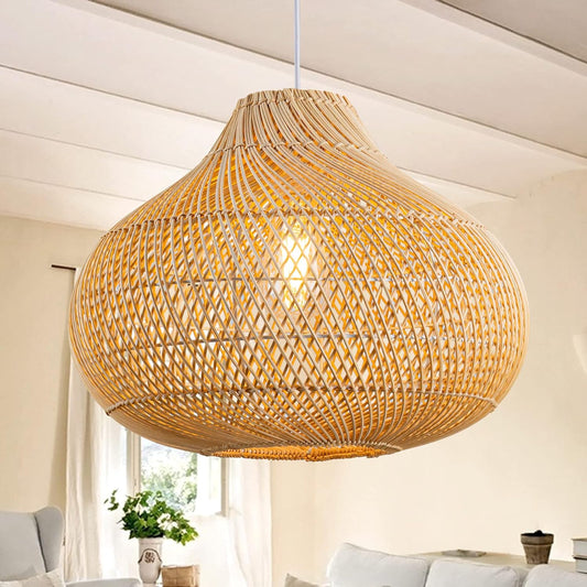 Rattan Pendant Lights, Large Wicker Chandelier Hand-Woven Boho Pendant Light Rattan Basket Hanging Light for Dining Room Kitchen Island Living Room