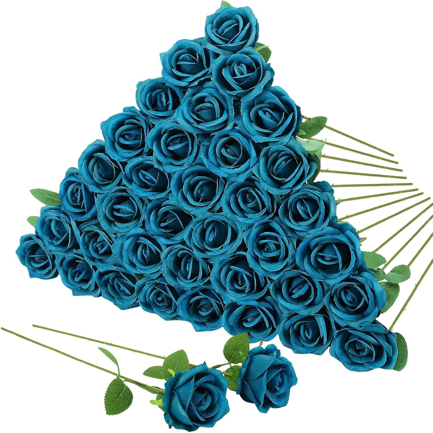 36 Pcs Teal Artificial Roses with Long Stems, Blue Green Fake Silk Rose Artificial Flowers Bulk for Bridal Wedding Bouquet Centerpiece Ball Arrangement Party Decor
