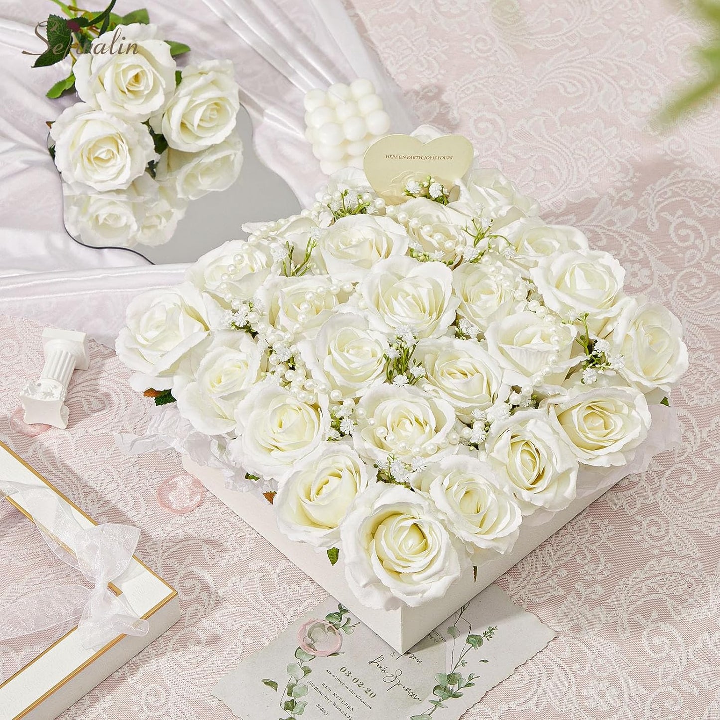 Serwalin 60 PCS White Roses Artificial Flowers, Ivory Fake Artificial Roses, Silk White Roses for Bridal Bouquet Wedding Centerpieces Table Arrangement Party Home Decor