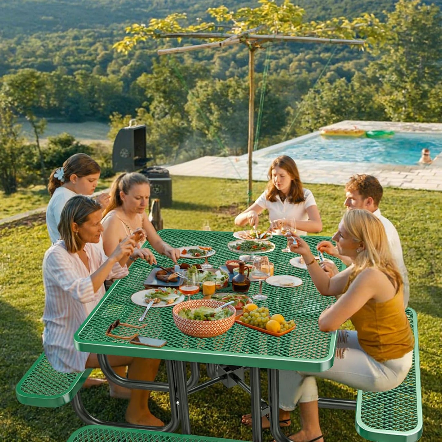 Heavy-Duty Park Bench or Table for Outside - Black Coated Outdoor Furniture Steel Bench, Commercial-Grade Outdoor Benches Weatherproof for Park, Patio, Porch (Green, 46” (Sq. Table))