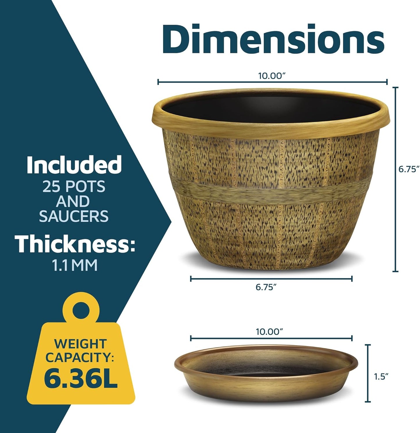 10-Inch Whiskey Barrel Planters Outdoor Pack of 25 - Durable Plastic Plant Pots for Indoor & Outdoor Use with Drainage & Saucer, Lightweight Rustic Barrel Planters for Flowers, Herbs & Small Plants