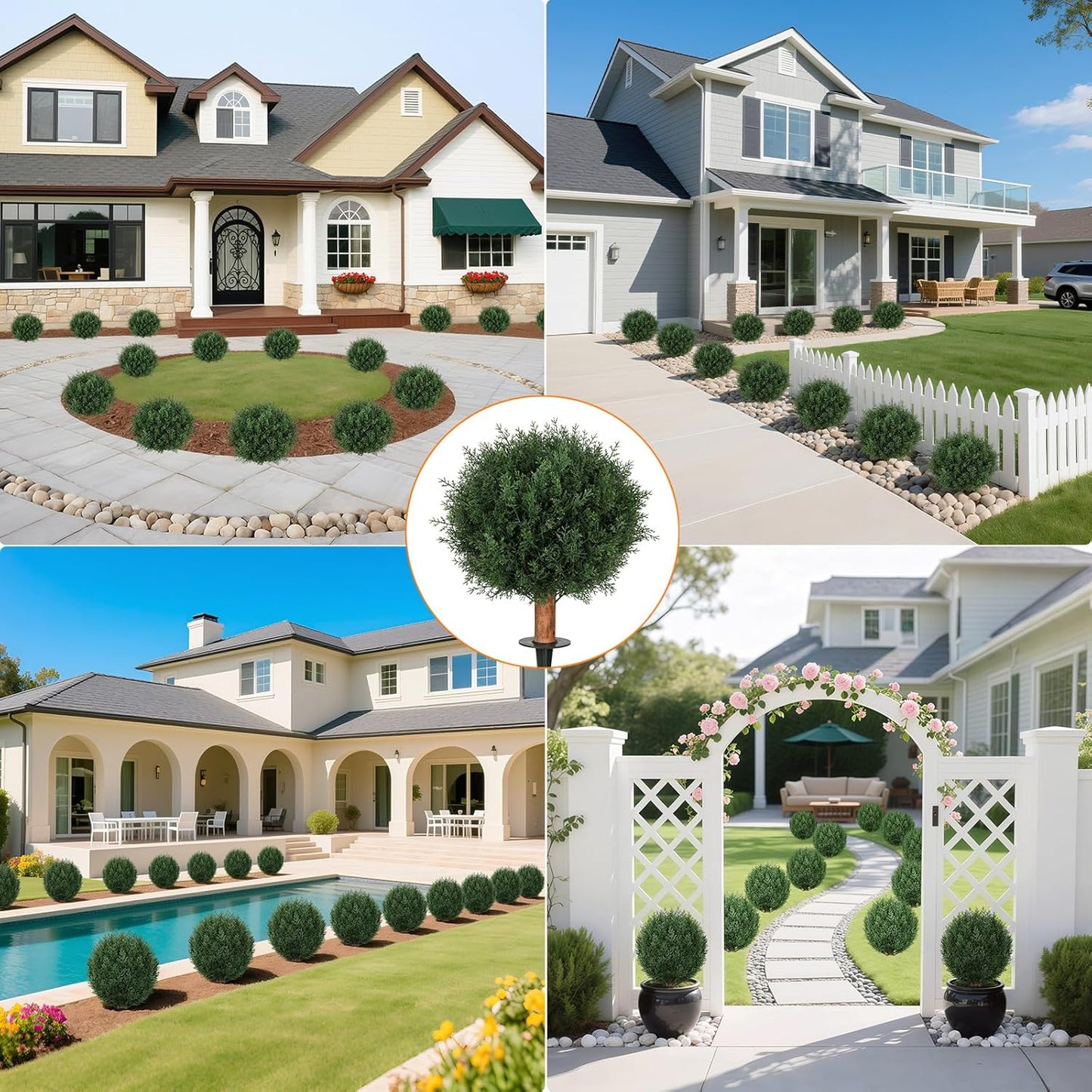 Artificial Cedar Topiary Ball Trees with Ground Spike, 24.6 inche Tall UV-Resistant Fake Outdoor Plants Evergreen Shrubs, Realistic Faux Pine Bushes for Front Porch Home Patio Garden, Set of 4