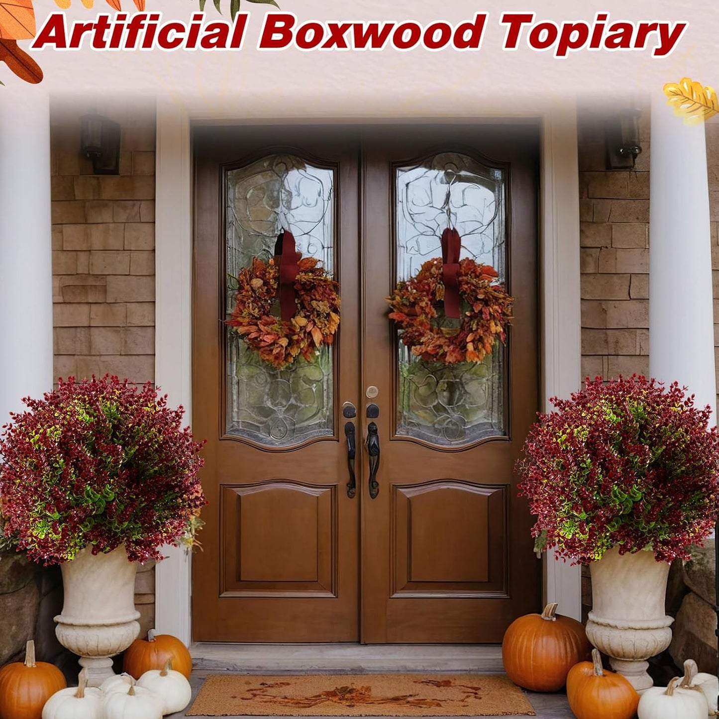 Yunlly 2 Pcs 18 Inch Artificial Boxwood Ball Topiary Tree Fake Outdoor Plants Bush, UV Resistance Faux Shrub with Spike Realistic Greenery Potted for Indoor Garden Yard Porch Patio Decor (Purple Red)