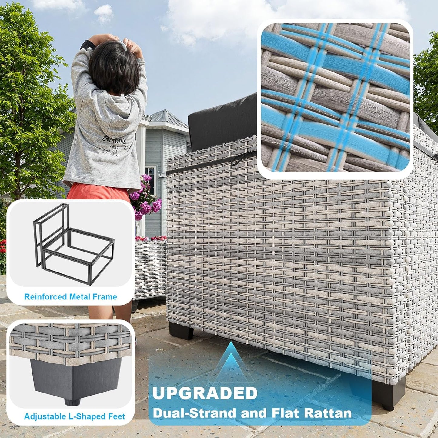 11-Piece Patio Furniture Set, Outdoor Patio Furniture with 55,000 BTU Fire Pit Table, Swivel Chairs Set, Thick Cushions, Modular Patio Sofa, Dual-Strand Wicker Rattan, Rust-Resistant Frame, Black