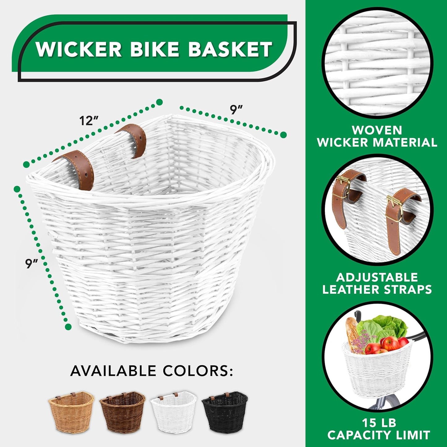 ProSource Wicker Bike Basket Front Cargo for Women and Men, Fits Most Bikes, Beach Cruiser, Stationary Bike, Ebike, Road Bike, White