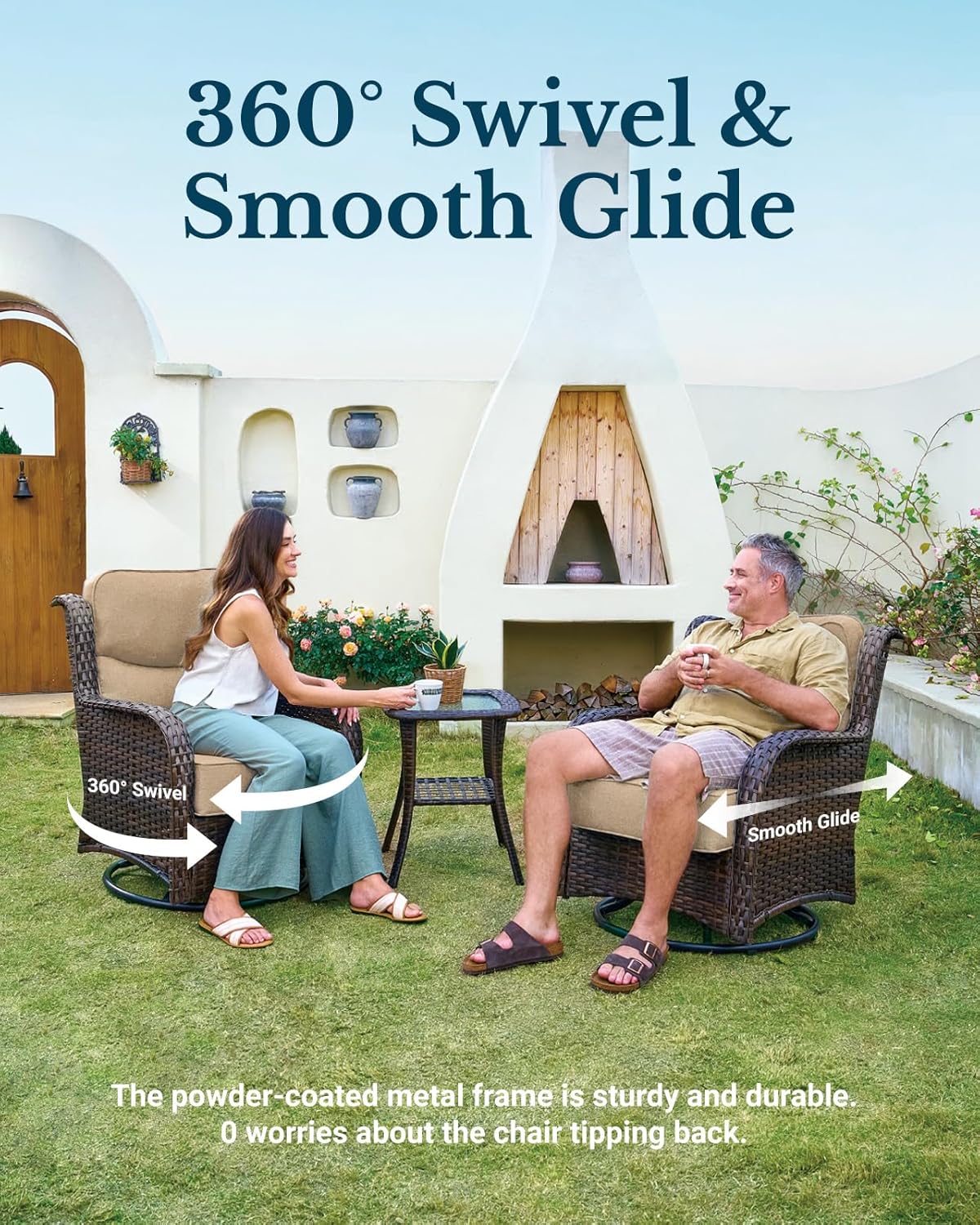 HILLGA Luxury Outdoor Swivel Rocker Patio Chairs of 2 with 6 Inch Thick Cushions and Side Table, Swivel Outdoor Chairs 3PCS High Back Wicker Patio Furniture Set for Porch, Balcony, Deck in Beige