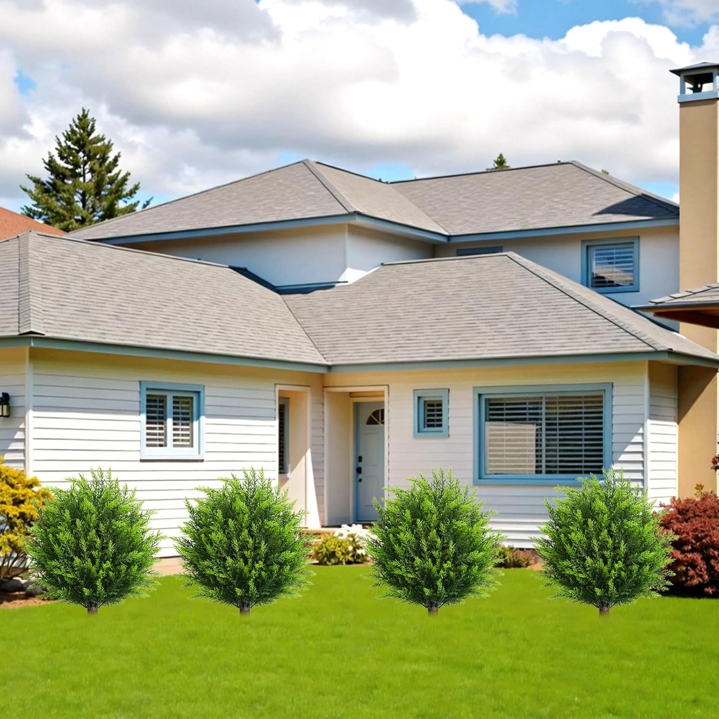 26.5" Artificial Cedar Topiary Ball Trees, Set of 2 UV Resistant Fake Evergreen Trees Shrubs Bushes Artificial Plants with Ground Spike Faux Cypress Plants for Indoor Outdoor Front Porch Garden