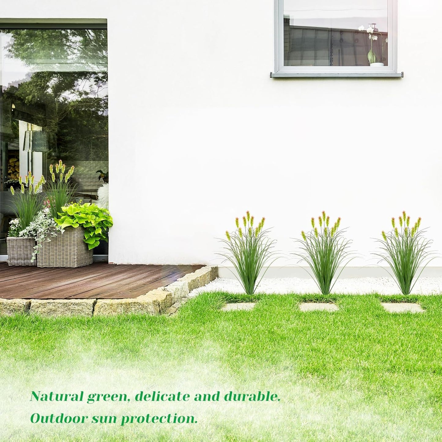 Artificial Grass Plants Outdoor 24 Bunches Fake Onion Grasses with Plush Fake Shrubs Plant Flowers Faux Greenery Wheat Sea Grass for Outside Garden Indoor House Home Office Room Décor (Green & Red）