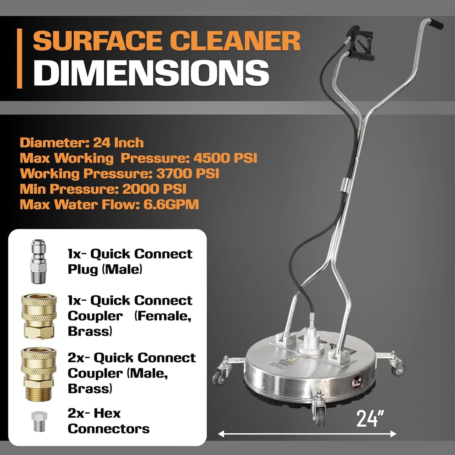 EDOU Dual 24" Pressure Washer Surface Cleaner - Surface Cleaner with Wheels - Heavy Duty Composite, 4,500 PSI Max Working Pressure - Includes 3/8 Inch Quick Connector Kit and Teflon Tape