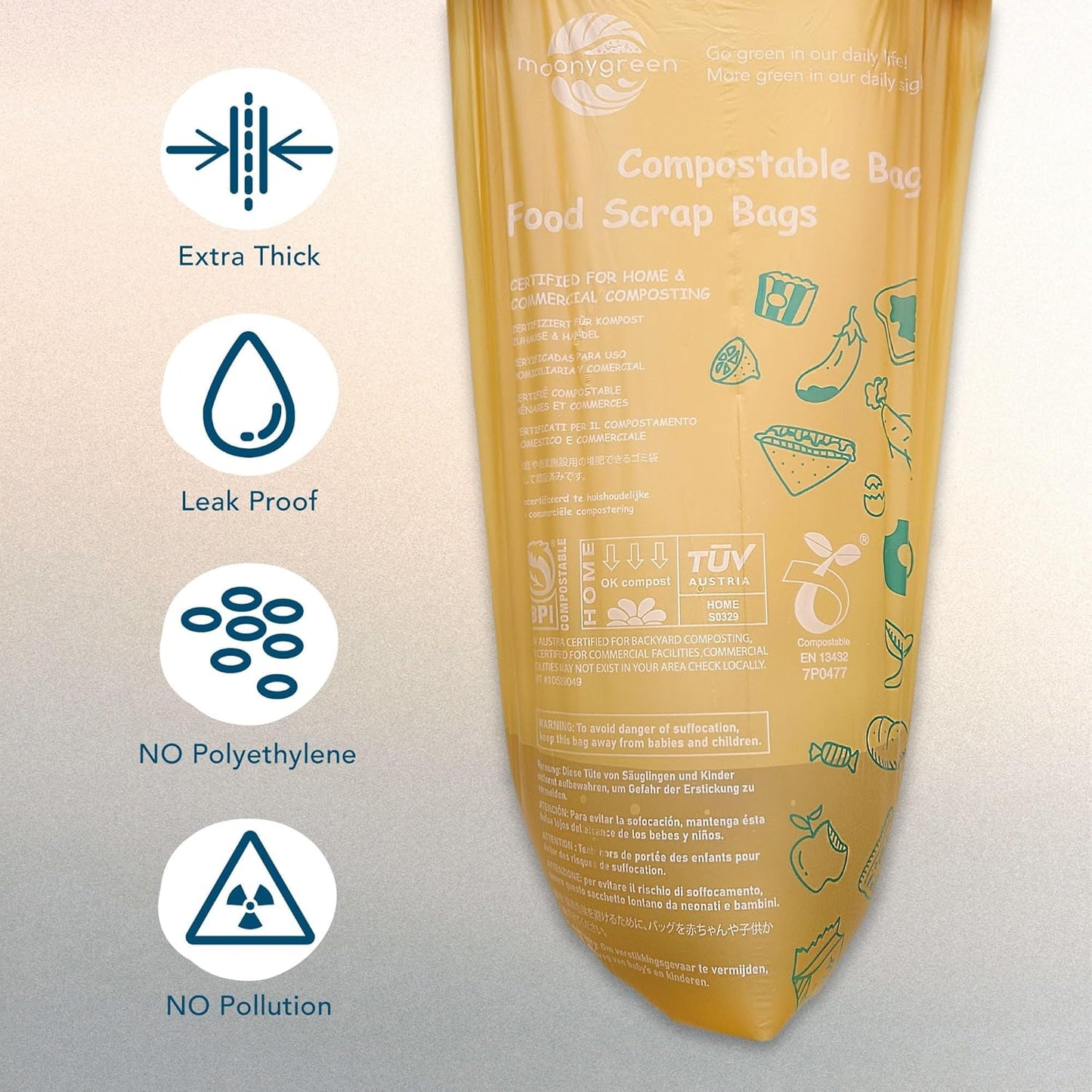 Compost Bags Small Trash Bags 2.6 Gallon, Extra Thick, US BPI ASTM D6400 Certified Compostable Food Scrap Kitchen Waste Bags, 100 Count