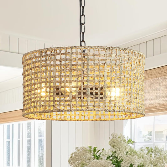 17.7" Rattan Dining Room Light fixtures, 5-Light Hand Woven Pendant Lights Kitchen Island Rattan Boho Chandelier Bohemian Hanging Ceiling Lights Wicker Lighting for Restaurants Living Room