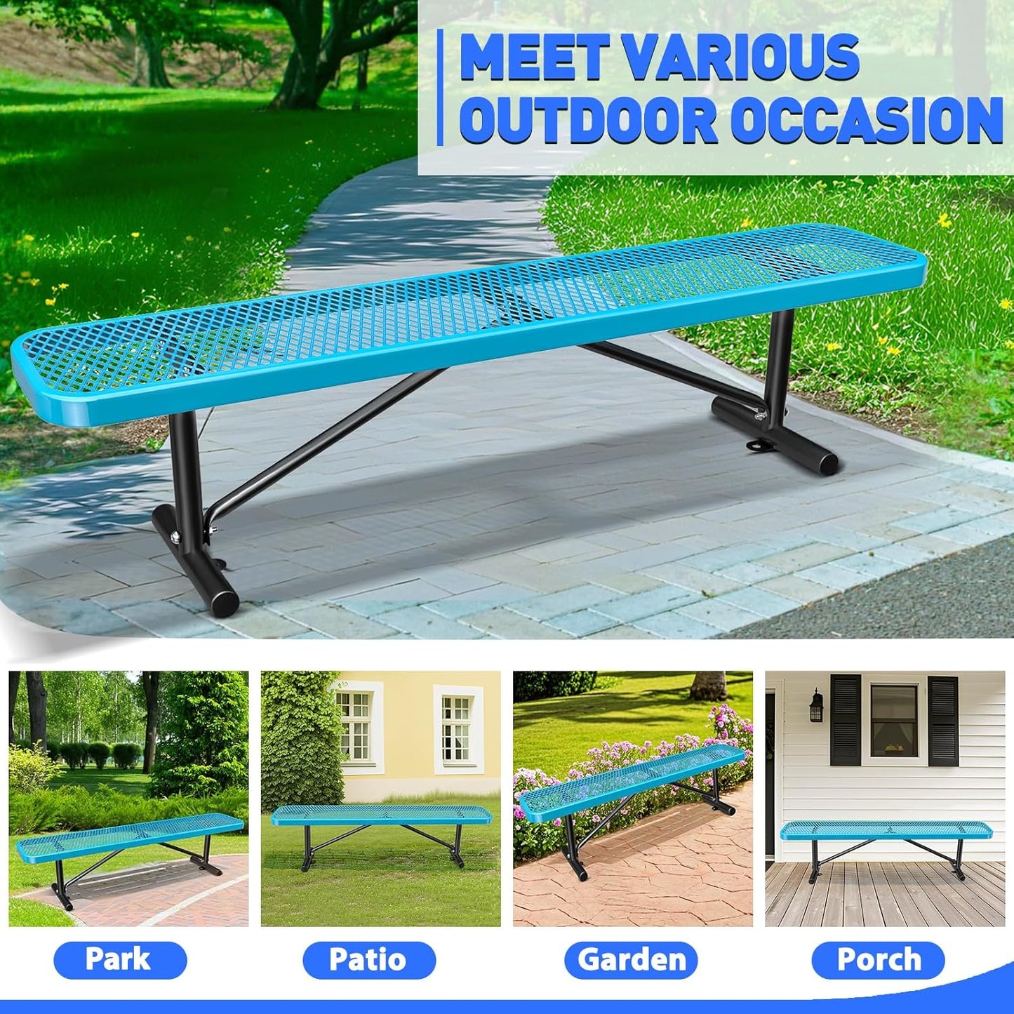 Heavy-Duty Park Bench or Table for Outside - Black Coated Outdoor Furniture Steel Bench, Commercial-Grade Outdoor Benches Weatherproof for Park, Patio, Porch (Blue, 6FT (Without Backrest))
