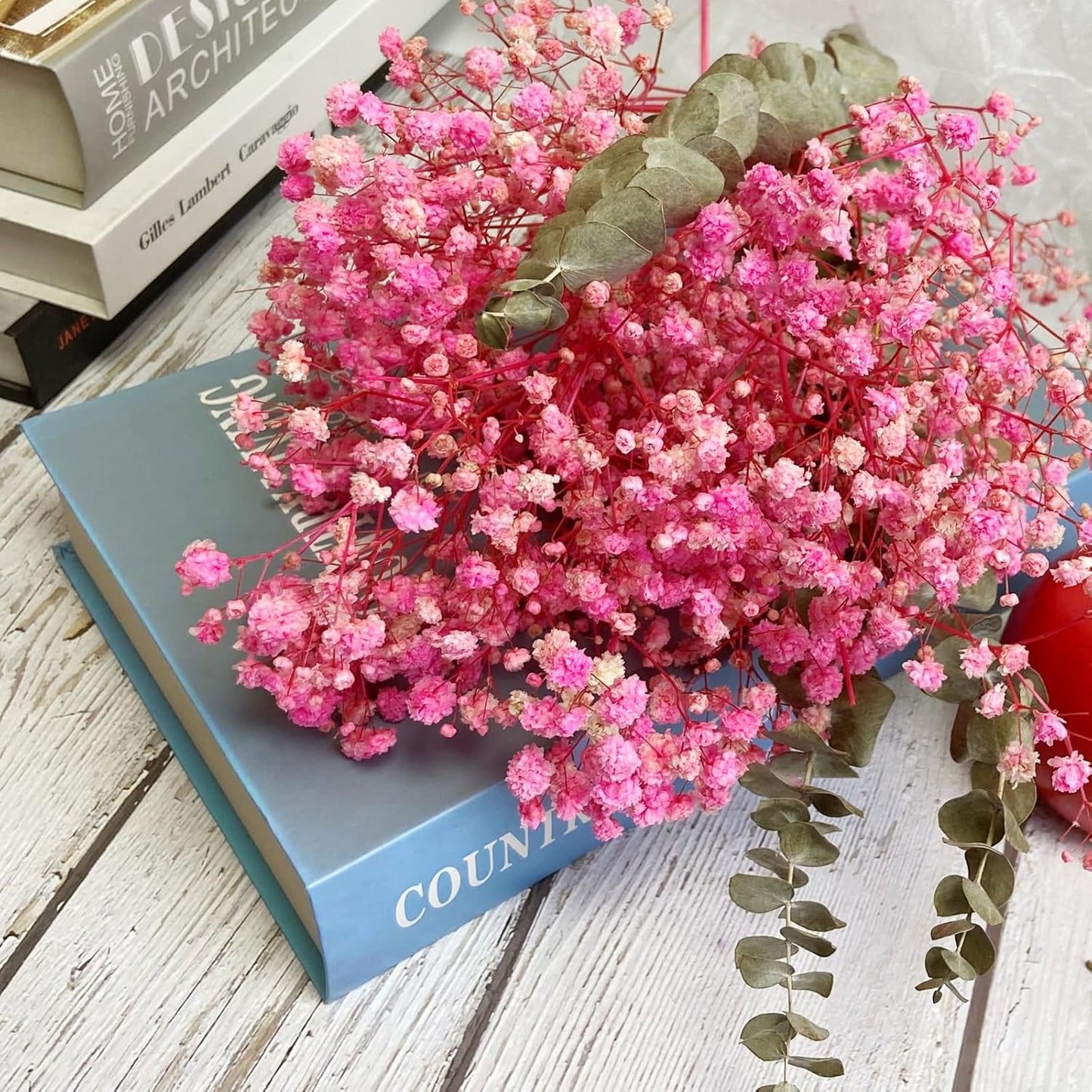 L'BREVOGA Dried Flower Bouquets, Preserved Pink Baby's Breath with Eucalyptus for Decoration Floral Arrangement Home Party (Baby's Breath Pink)