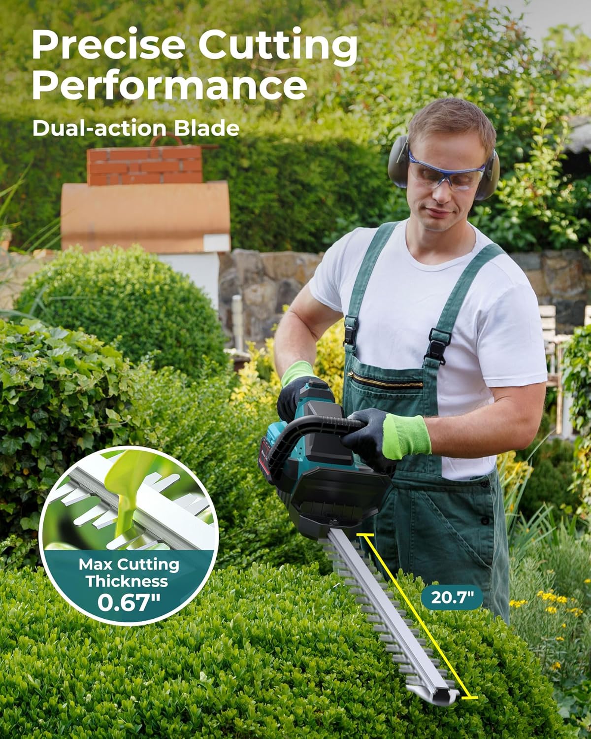 20'' Hedge Trimmer Cordless with 2pcs 4000mAh Battery, Electric Handheld Bush Clipper with Rechargeable Batteries, 3000RPM 180° Rotatable Head, 2/3'' Blade Gap