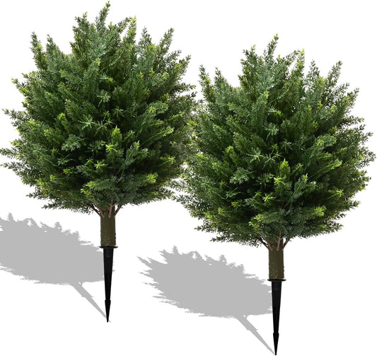 28" UV Resistant Artificial Shrubs for Outdoors - Real Looking Faux Bushes, Fake Cedar Trees, Outdoor Faux Ball Plants & Topiaries - Set of 2 Artificial Shrubs, Artificial Bushes for Garden Decor