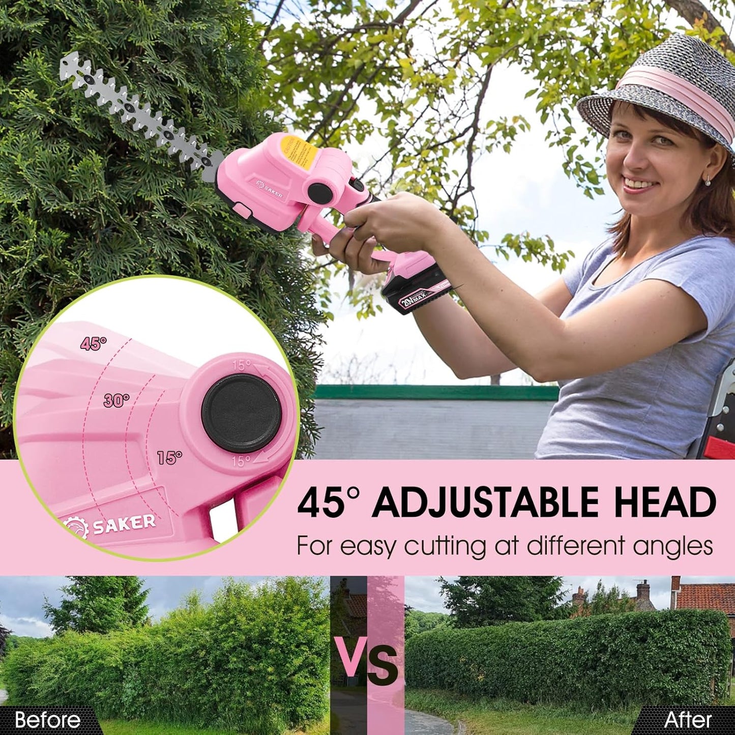 Saker Cordless Hedge Trimmer-20V Electric Shrub Trimmer Grass Shears Handheld Grass Cutter, Hedge Shear with 2 PCS Rechargeable Battery and Charger for Garden, Lawn(Pink)