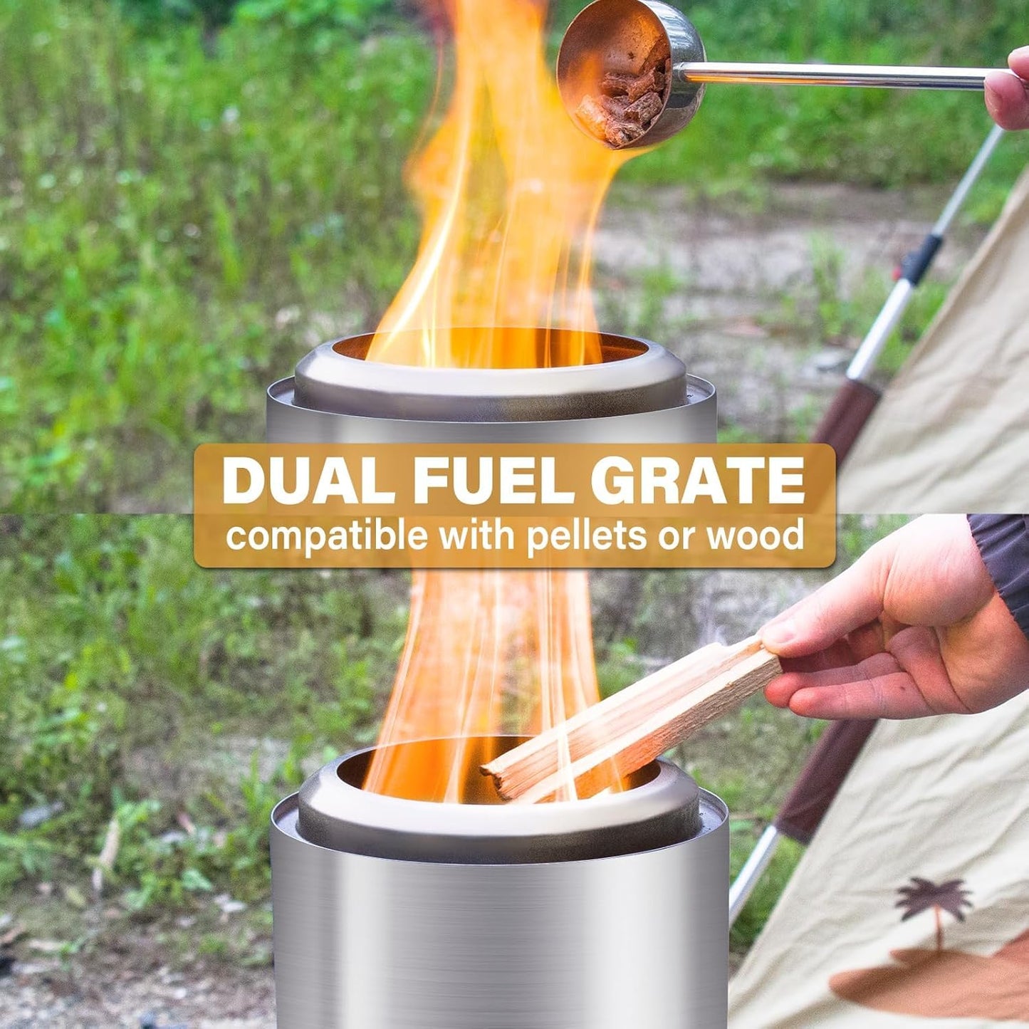 HGD 9.6 x 7.1 in Small Tabletop Fire Pit, Portable Mini Smokeless Table Top Firepit, Low Smoke Camping Stove for Outdoor & Patio, Fueled by Pellets or Wood, with Travel Bag, Stainless Steel, Silver