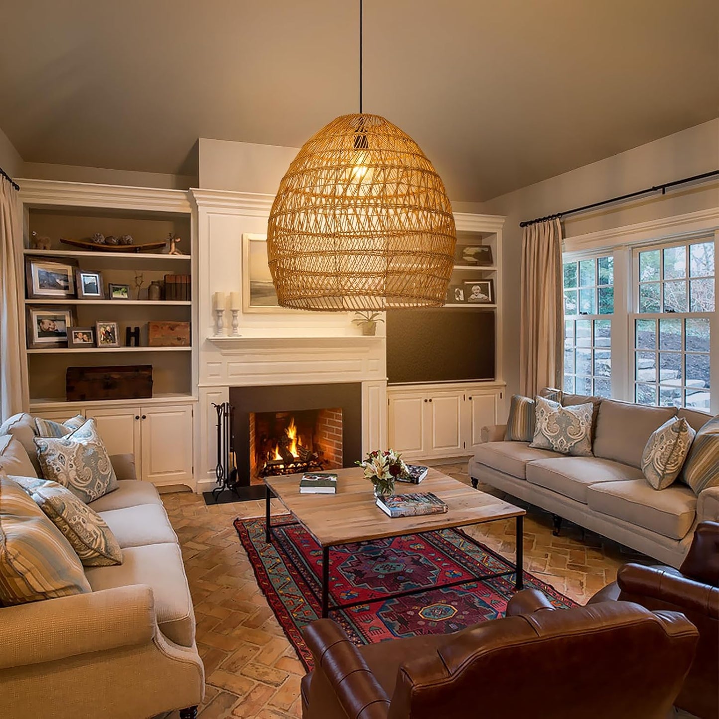 Arturesthome Boho Chandelier Rattan Pendant Light,19.6” Large Wicker Pendant Light Fixtures,Basket Hand Woven Hanging Lamp for Dining Room Living Room Kitchen Foyer