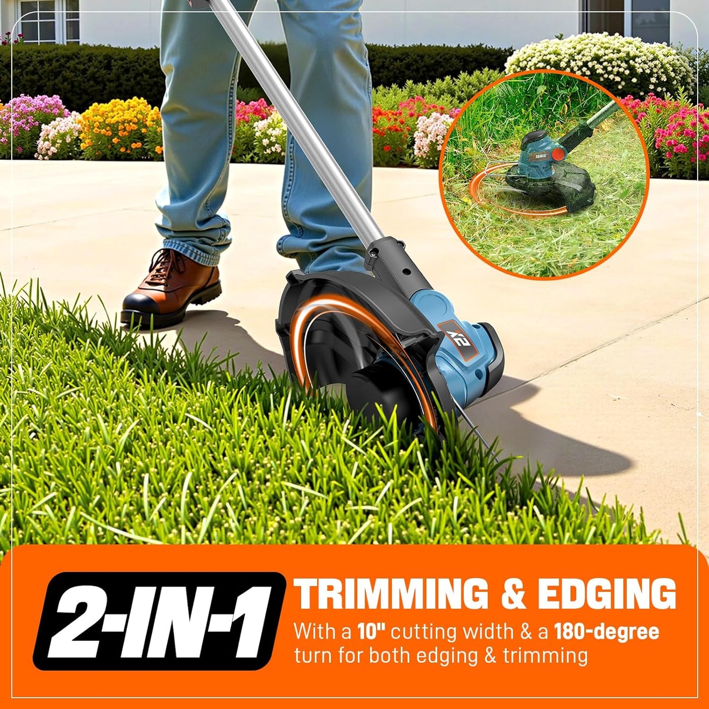 SENIX 20V 10" Cordless Weed Wacker, String Trimmer, Telescoping Rotating Shaft, Adjust Head & Assistant Grip, Auto Line Feed w/ 2.5Ah Battery & Charger, GTX2-M