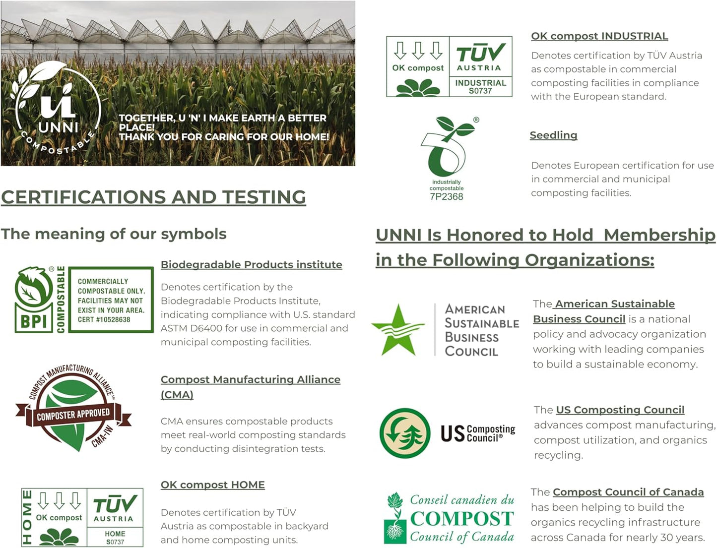 UNNI Compostable Trash Bags, 8 Gallon / 30 Liter, 100 Count, Extra Thick 0.85 mil Medium Kitchen Food Scrap Bin Liners, Certified by BPI, CMA & OK compost HOME, Meets the ASTM D6400 Standard