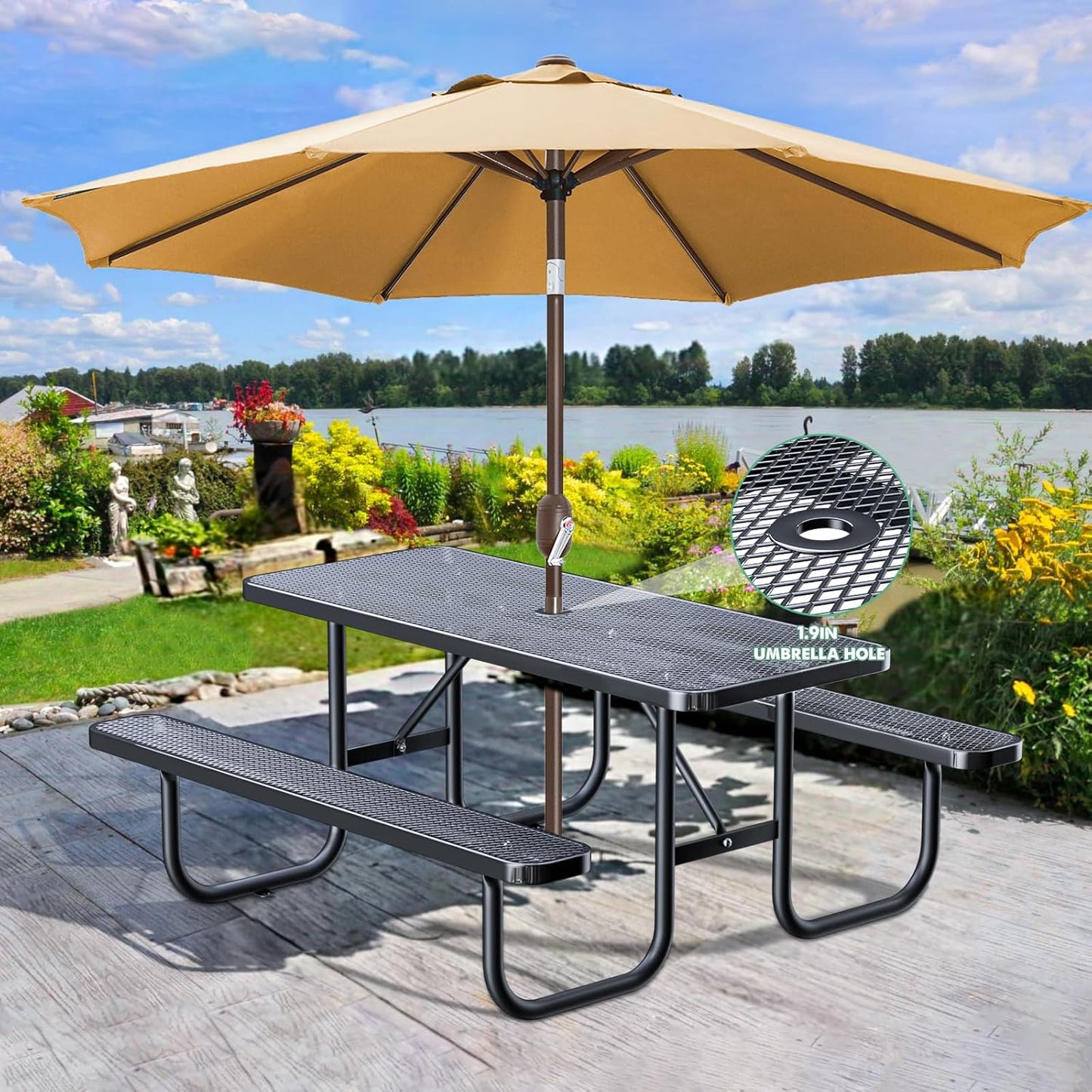 Heavy-Duty Park Bench or Table for Outside - Black Coated Outdoor Furniture Steel Bench, Commercial-Grade Outdoor Benches Weatherproof for Park, Patio, Porch (Black, 6FT (Rect. Table))