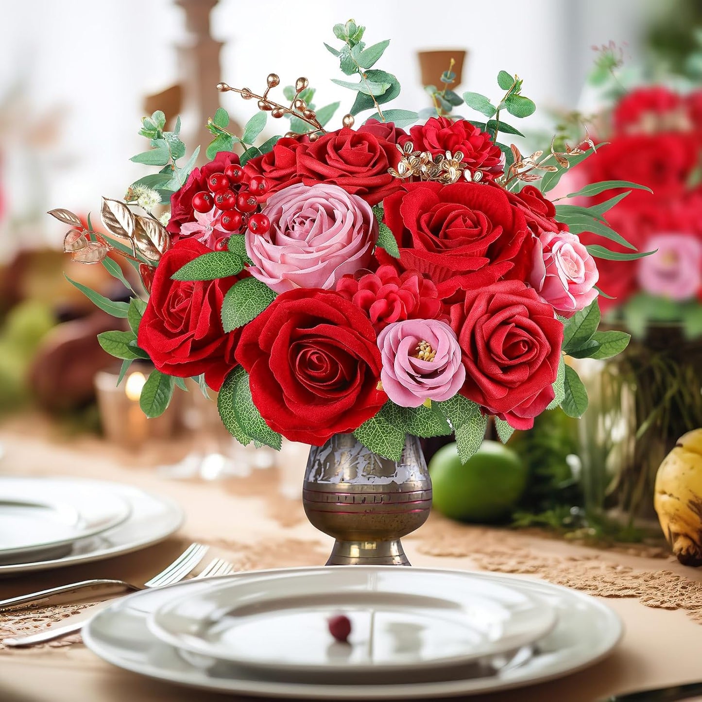 AGIRL Red Artificial Flowers Combo Fake Flowers Red Rose Silk Flowers Fake Floral Arrangements for DIY Wedding Bouquets Centerpieces Table Decor Baby Shower Home Decor