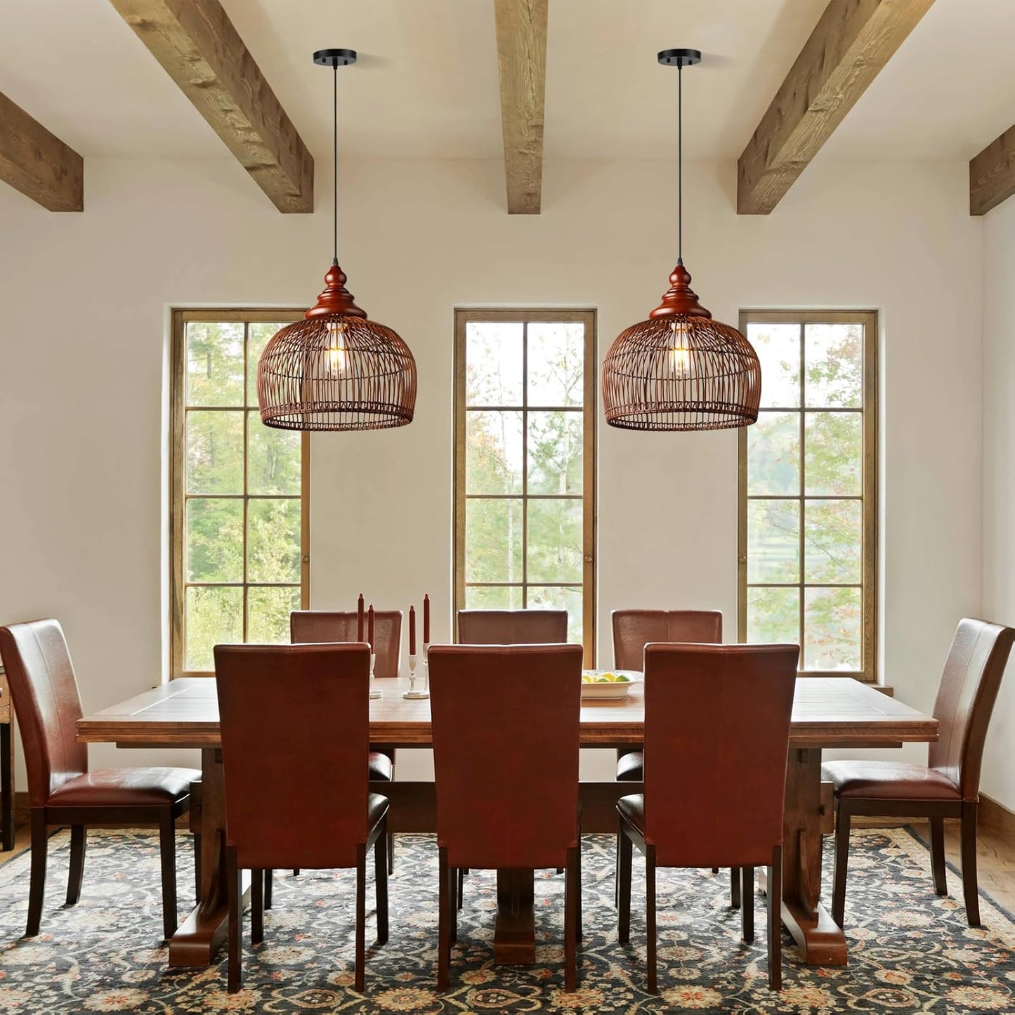 Rattan Pendant Light Kitchen Island, 15.8" Boho Dining Room Light Fixture Hand-Woven Wicker Chandelier Farmhouse Weaving Lighting Coastal Ceiling Hanging Lights for Living Room Restaurant