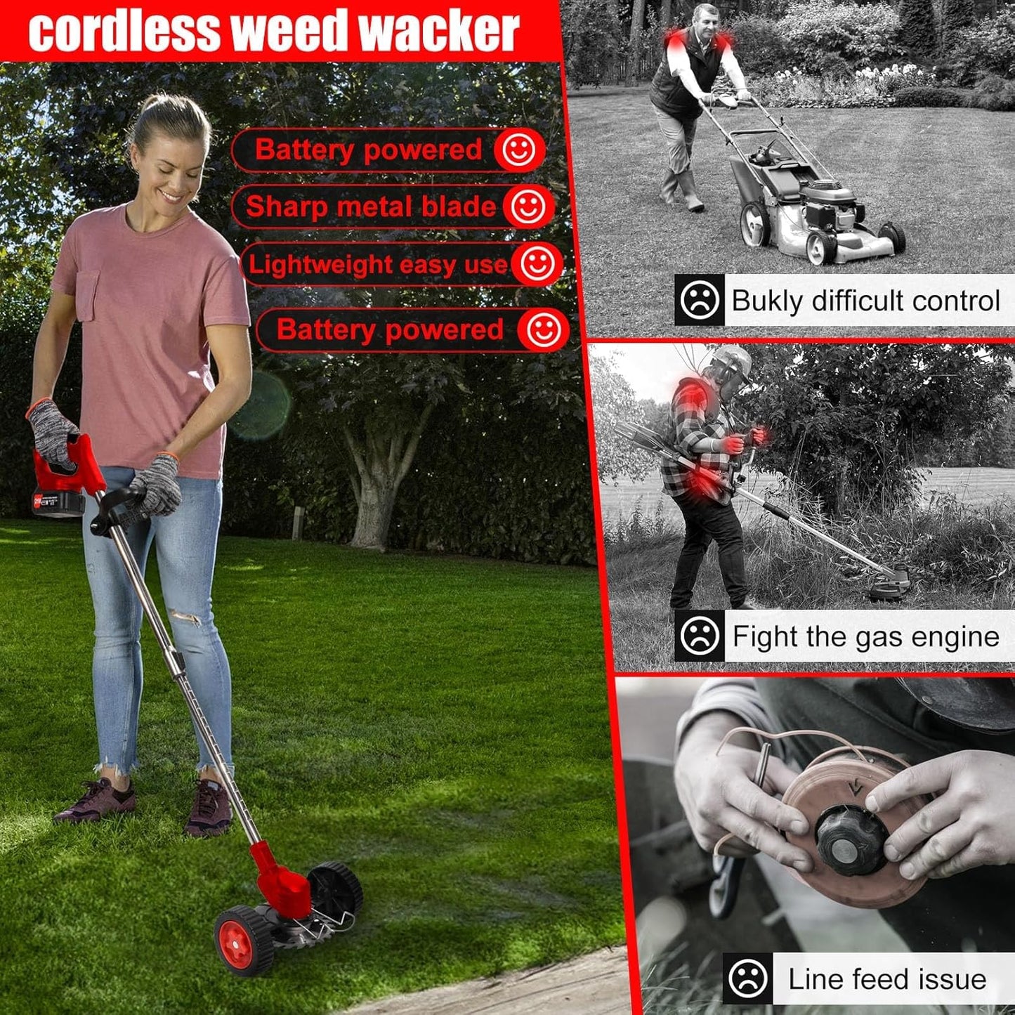Cordless Weed Wacker, Electric Grass Trimmer 21V 4.0Ah Battery Powered Weed Trimmer, 3 in 1 Stringless Lightweight Brush Cutter/Edger/Mower with 4 Types Blade & Wheels for Garden and Yard Lawn