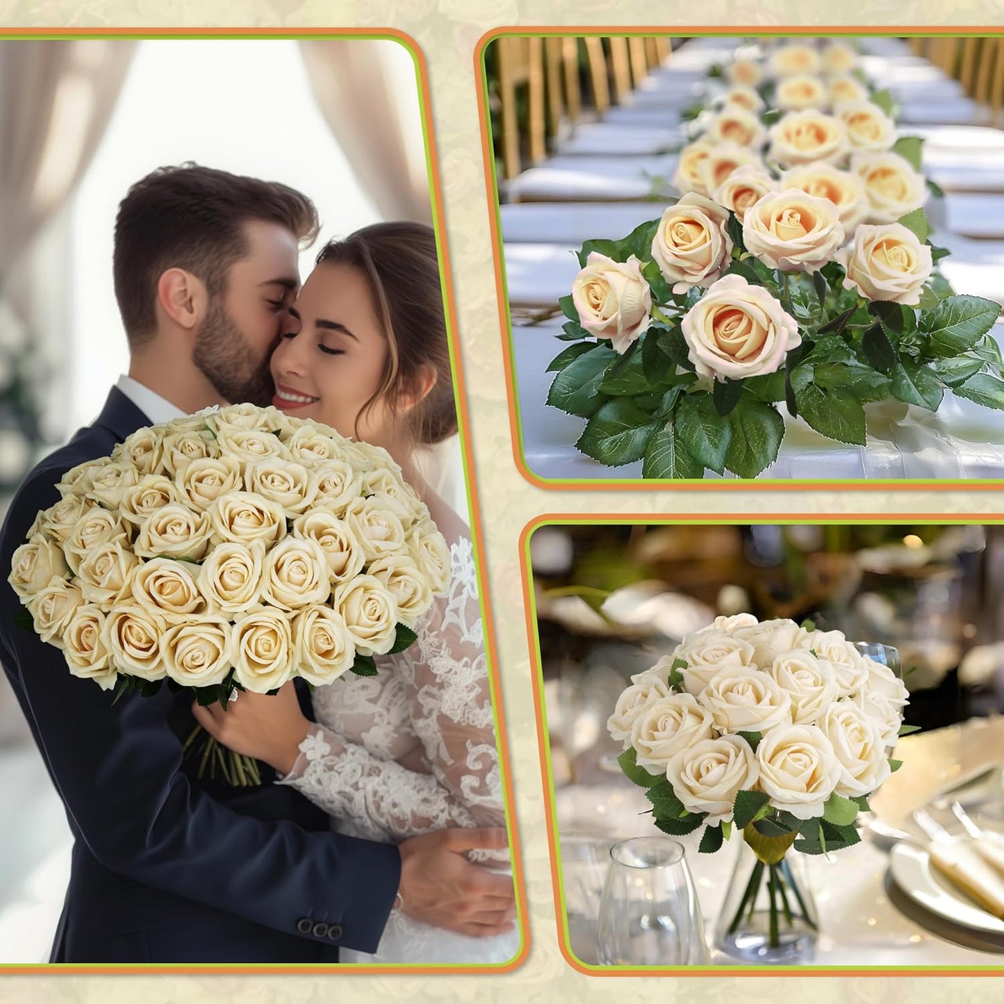 30 PCS Fake Champagne Roses, Artificial Flowers Bulk Realistic Silk Faux Rose with Stems for Wedding Decorations, Bridal Bouquets, Mother's Day Thanksgiving DIY Floral and Home Decor