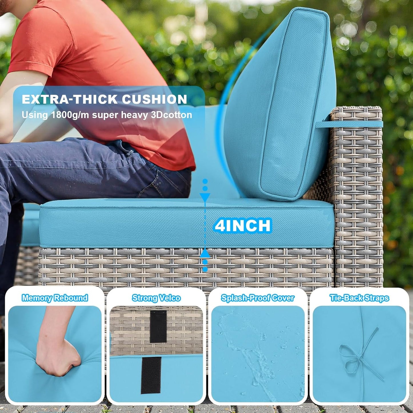 10-Piece Patio Furniture Set, Outdoor Patio Furniture with Swivel Chairs Set, Thick Cushions, Modular Patio Sofa, Dual-Strand Wicker Rattan, Rust-Resistant Frame, Lake Blue