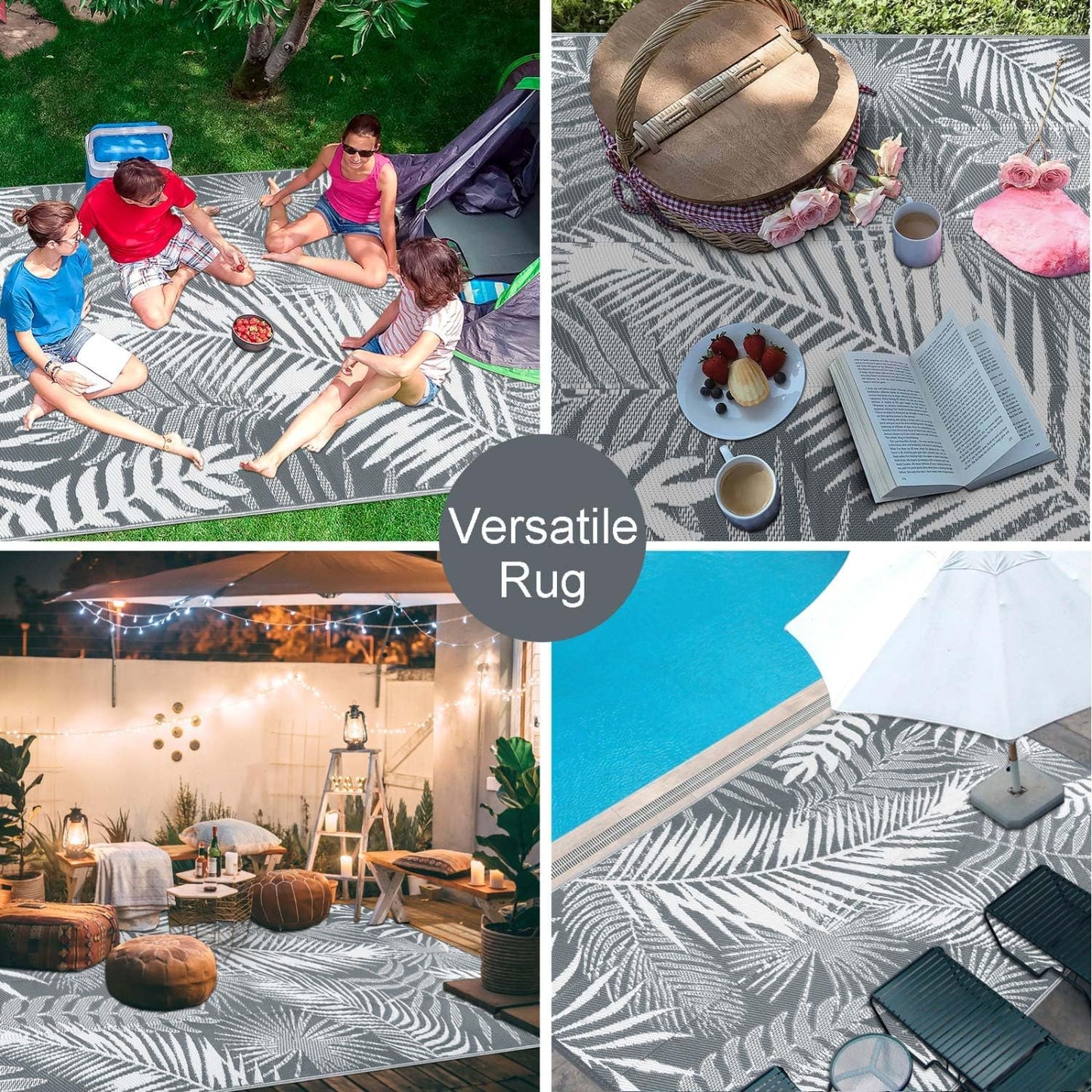 HiiARug Outdoor Reversible Plastic Straw Rug, 9'x12', Cool Gray, Large Patio Mat for RV, Backyard, Deck, Picnic, Beach, Trailer, Camping