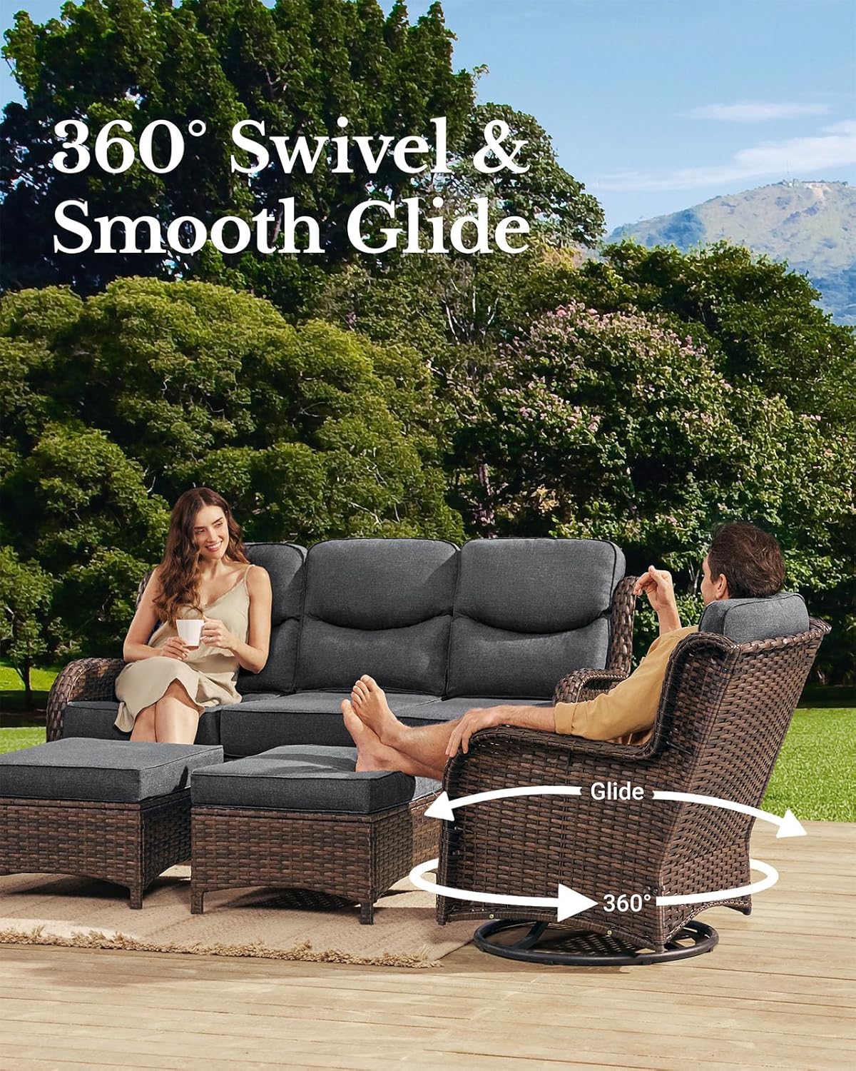 HILLGA Luxury Patio Furniture Set with 6-inch Thick Cushion, Outdoor Couch and High Back Swivel Rocker Patio Chairs, 10PCS Wicker Conversation Set for Deck Yard and Poolside, Dark Grey (V2)