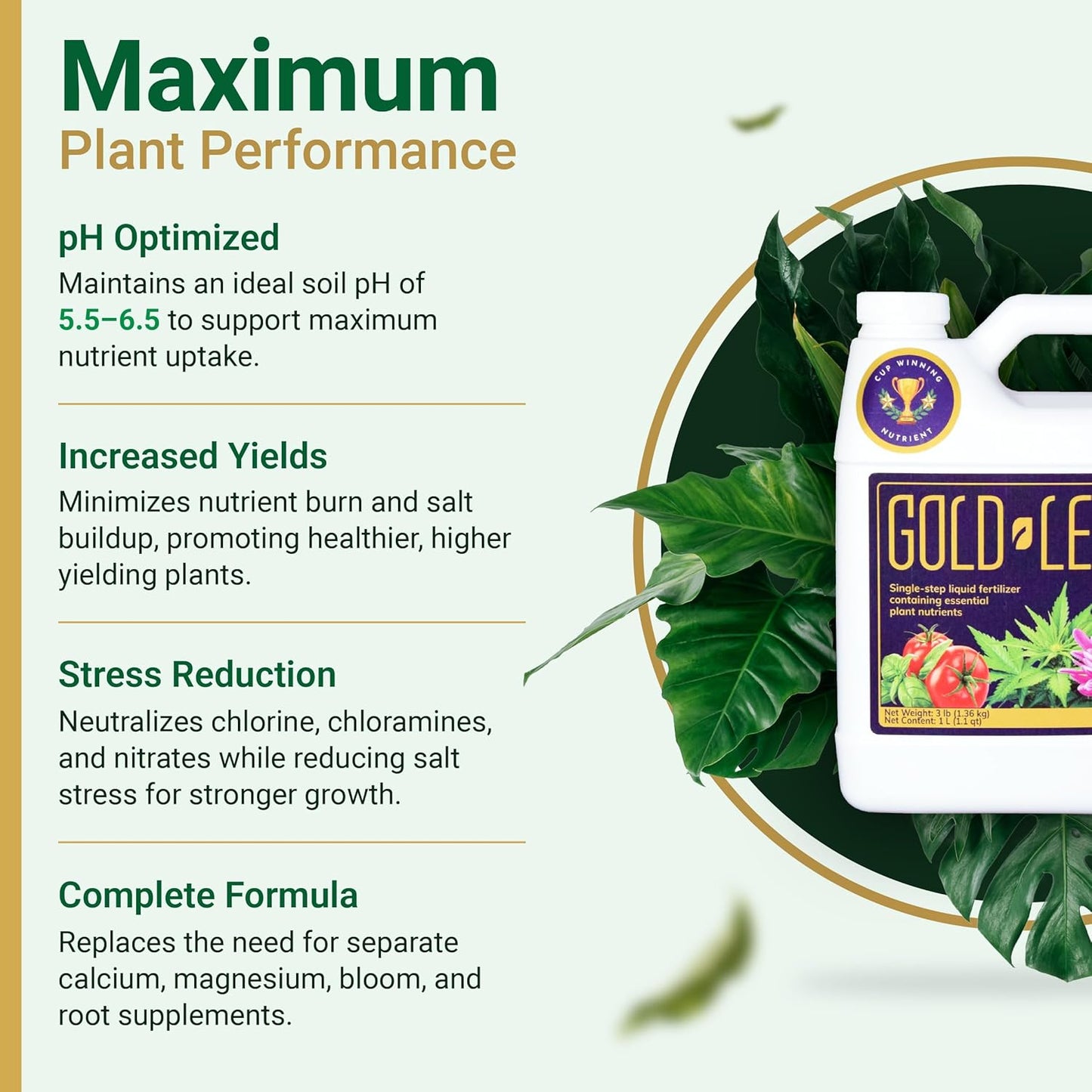 1 Gallon Gold Leaf All-in-One Liquid Fertilizer – pH Balanced, Instantly Dechlorinates, No Additives Needed – for Soil, Hydroponics & Coco – Bigger Blooms, Higher Yields, Complete Plant Nutrition