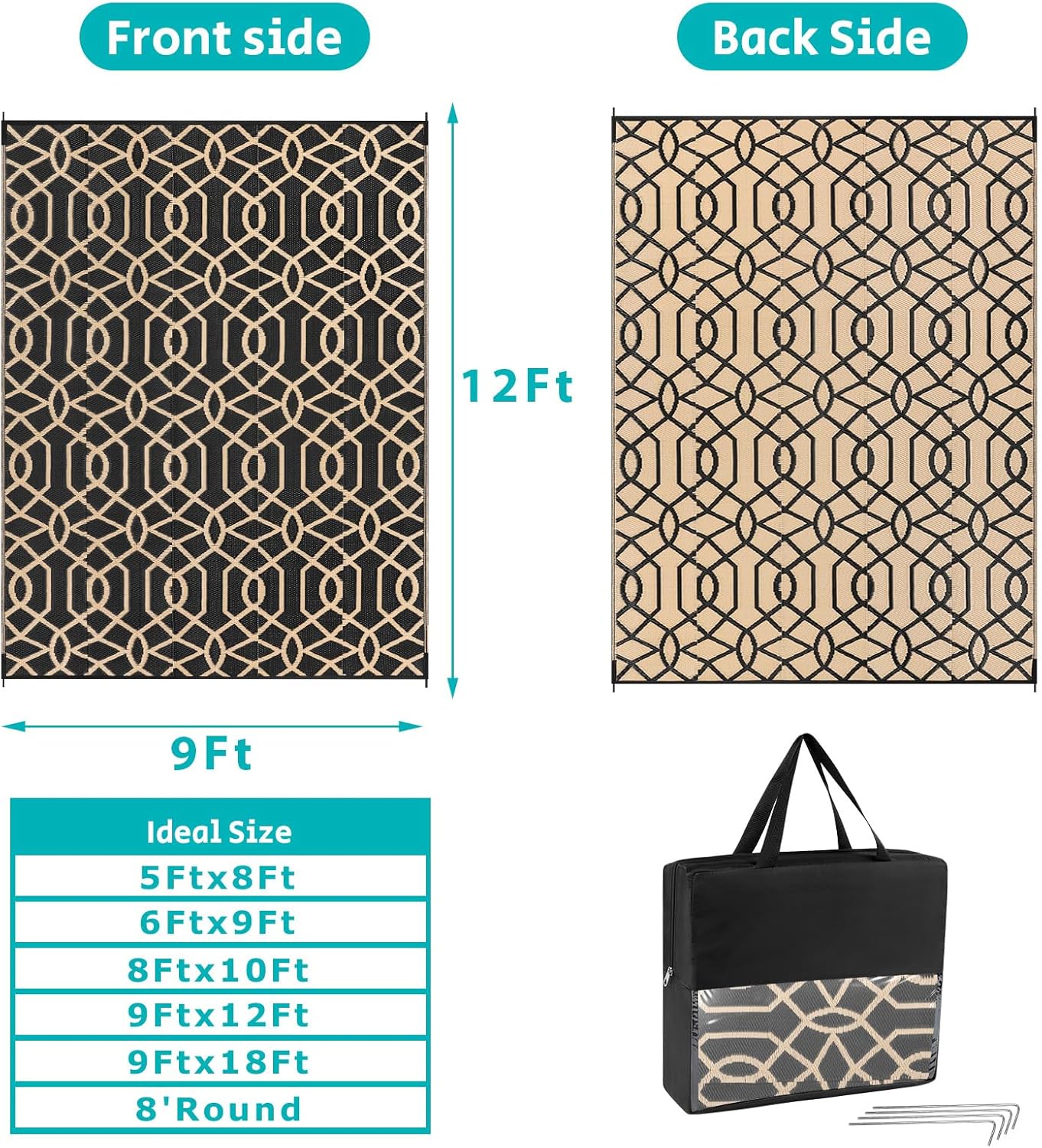 HEBE Outdoor Rug Waterproof 9x12, Reversible Plastic Straw Rug RV Camping Rug, Indoor Outdoor Patio Mat Clearance, Outside Carpet for Porch,Deck,Camper,Balcony,Backyard,Picnic