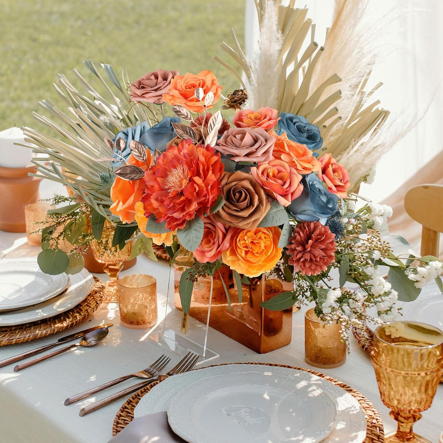 AGIRL Artificial Flowers Combo Silk Mix Purple Fake Flower with Stems for DIY Wedding Bouquets Centerpieces Arrangements Table Chair Decor Baby Shower Home Decor (Teal Orange)