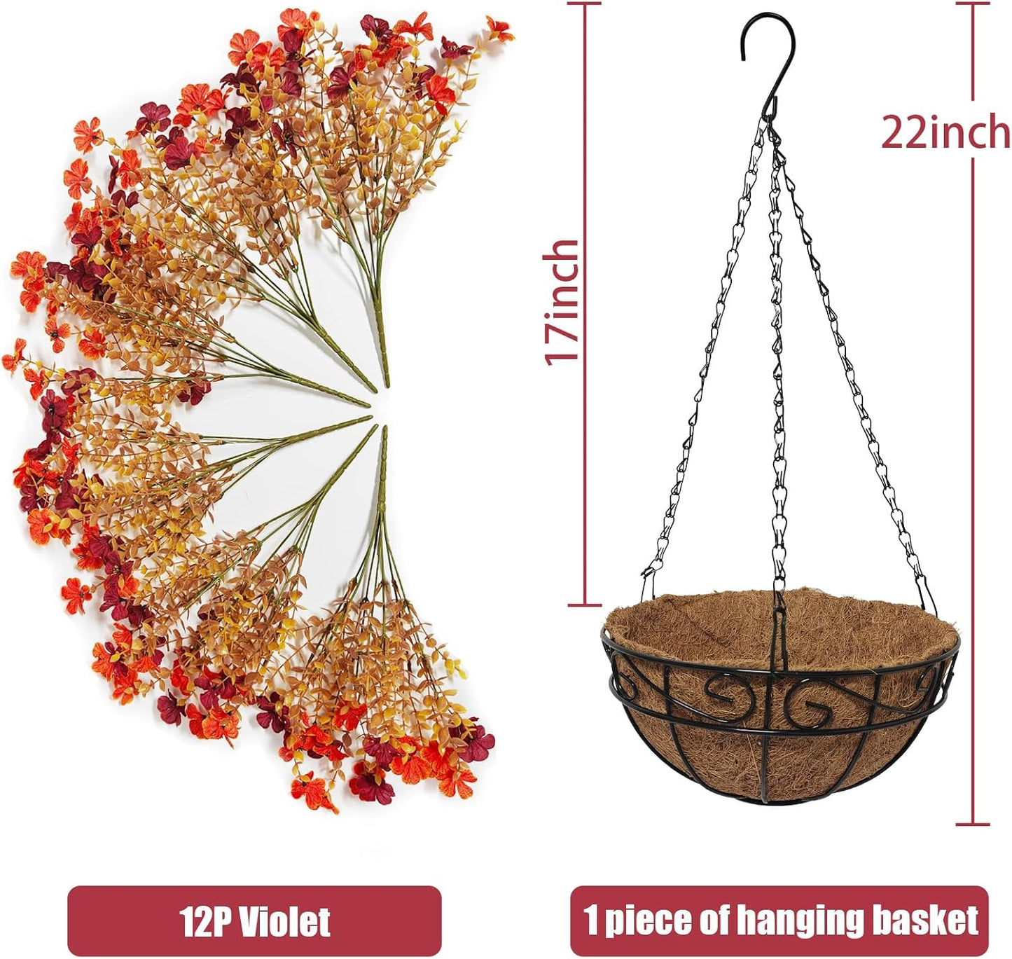 Fall Artfiticial Hanging Flowers Baskets for Outdoors, UV Resistant Fake Fall Hanging Plants, Faux Orange Flowers for Autumn Home Patio Garden Front Porch Balcony Decor (Orange Red)