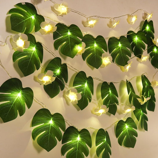 RECUTMS Monstera Leaf String Lights Artificial Foam Plumeria Tropical Palm Leaves Flower 40 LED Battery Operated Fairy Light Hawaiian Luau Beach Party Summer Decorations Outdoor Indoor(White+Green)