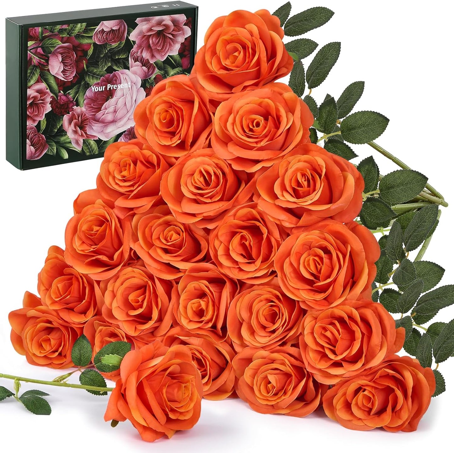 20PCS Artificial Light Orange Roses, 3.9'' Silk Flower Head Fake Light Orange Rose with Long Stems, Realistic Faux Roses Bouquet for Mother's Day DIY Wedding Home Party Office Decoration