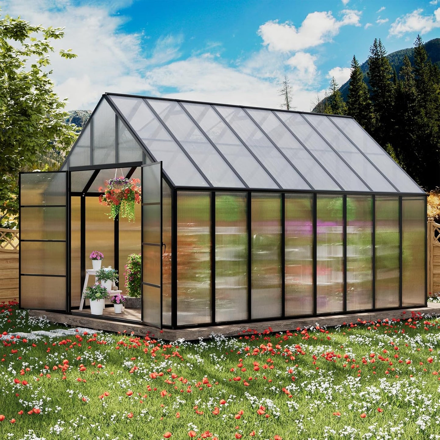 10'x10'x16' Snap-Together Greenhouse - Easy 3-Way Connectors, Heavy-Duty Aluminum Frame, Wind/Snow Resistant for Gardening/Urban Farming, Includes Sliding Door & Ventilation Windows