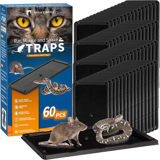 LULUCATCH Sticky Mouse Trap, 60 Pack Large Glue Traps, Pre-Baited Heavy Duty Non-Toxic Bulk Glue Boards Mouse Traps Indoor for Mice, Snakes, Rat, Insects, Cockroaches & Spiders, Pet Safe Easy to Use