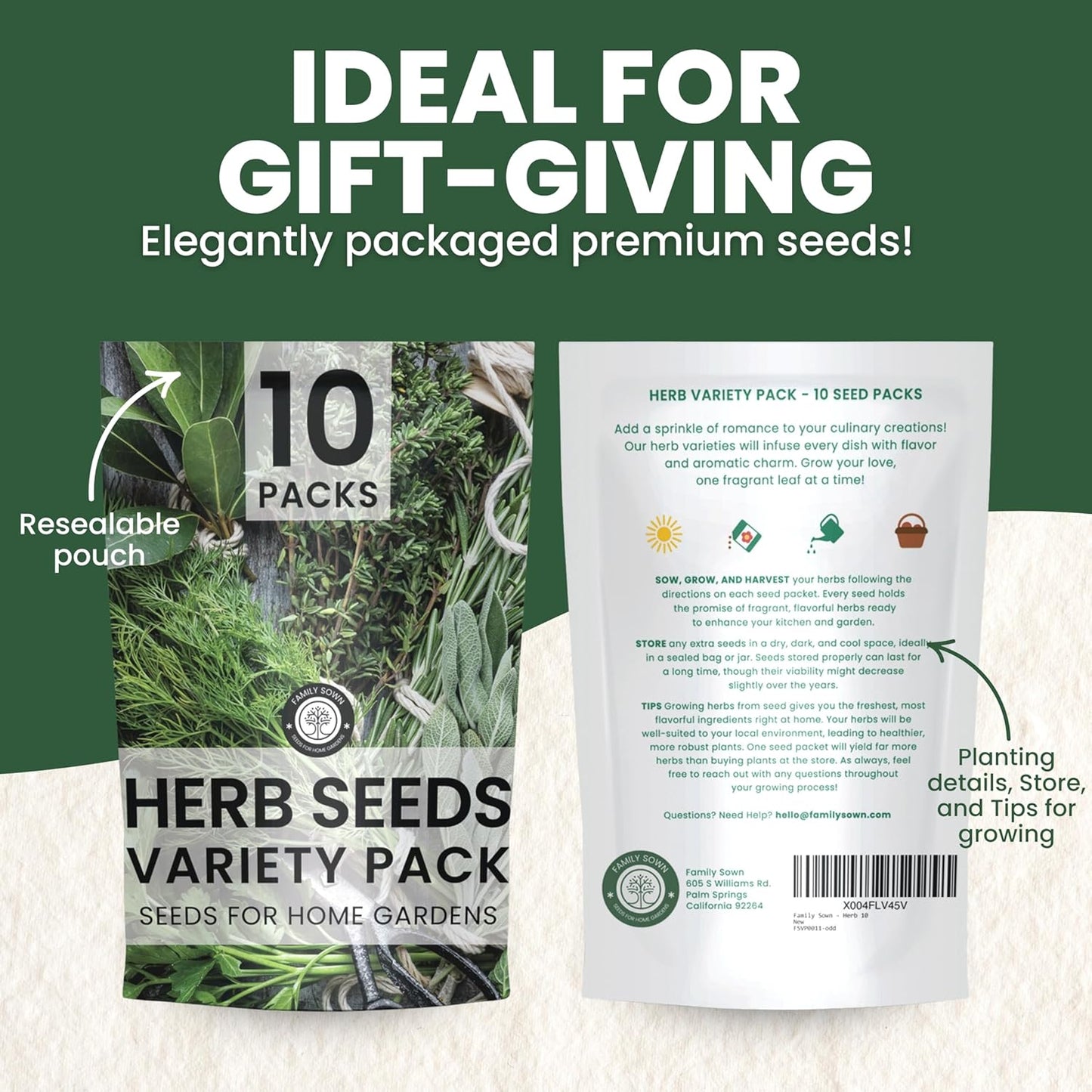 Herb Seeds | 10 Invidiual Packs | 2025 Season | Non-GMO | Mint, Parsley, Basil, Thyme & More! | for Planting Indoor & Outdoor | by Family Sown