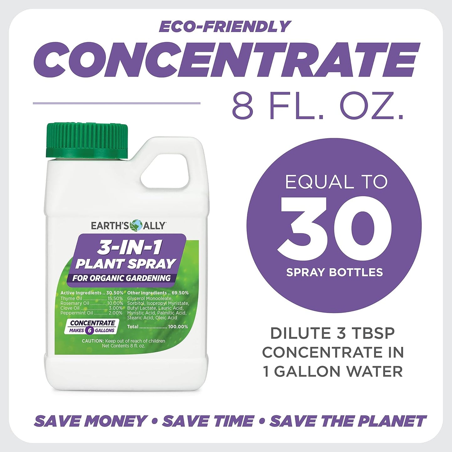 Earth's Ally 3-in-1 Plant Spray 8 oz Conc. Makes 6 gal | Better Than Neem Oil | Insecticide, Fungicide & Spider Mite Control for Organic Gardening, Pest Repellent for Indoor & Outdoor Gardening