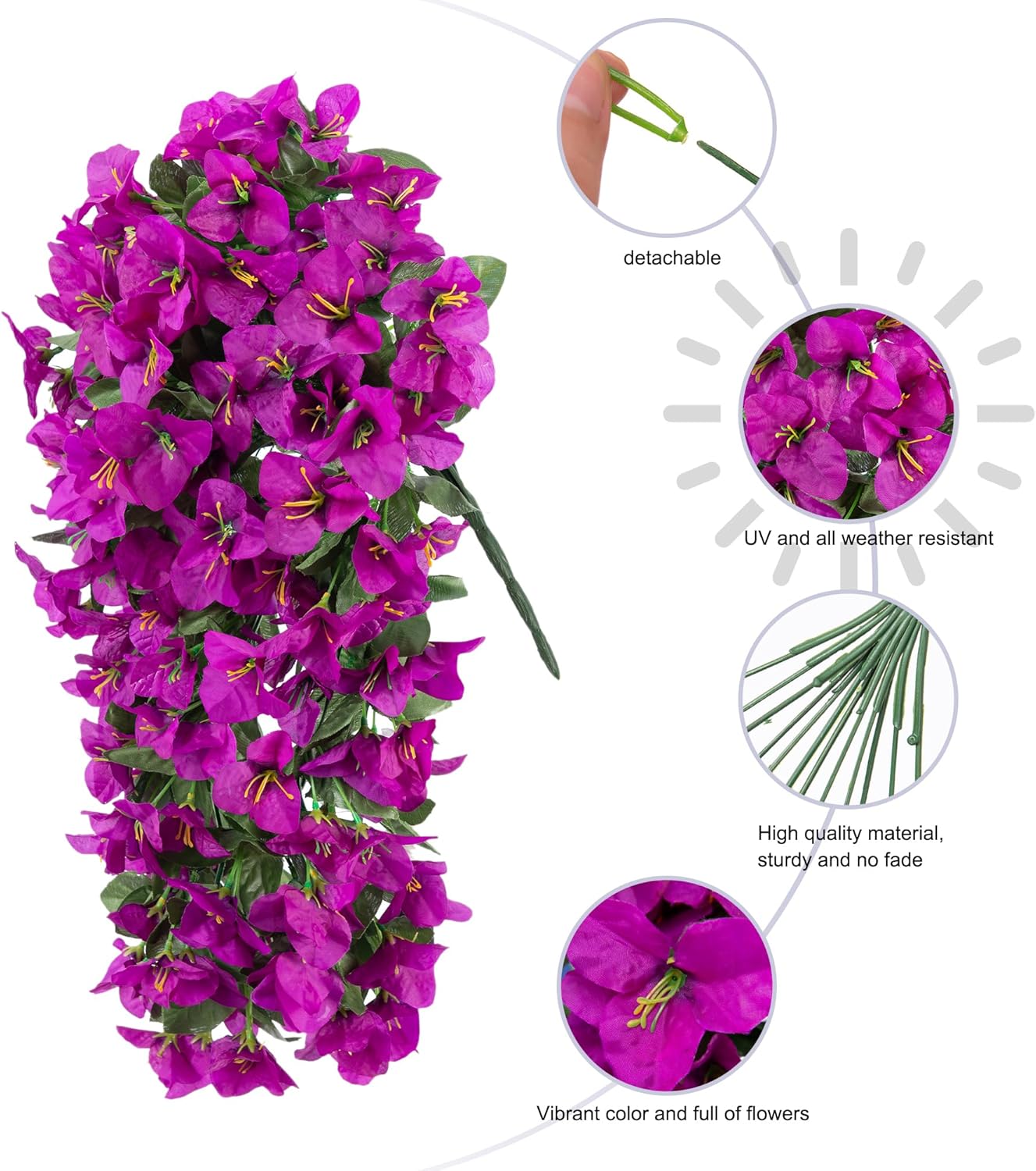 Bougainvillea Artificial Hanging Flowers Plants for Outdoors Decoration, 2pcs Fake Flowers Silk Bougainvillea Vines Realistic UV Resistant Faux Flowers for Outdoor Planters Patio Urn, Purple