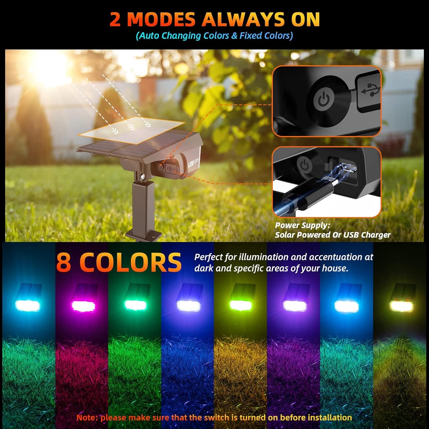 Solar Spot Lights Outdoor Color Changing, IP65 Garden Lights Solar Powered Waterproof with 9 Light Modes, Colored Landscape Lighting Auto On/Off, for Garden Pool Area Pond Yard, 10 Pack