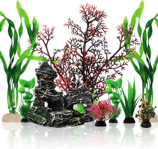 Fish Tank Decorations Plants with Resin Cave Rock View, 9pcs Aquarium Decorations Plants Plastic,Fish Tank Accessories, Fish Cave and Hideout Ornaments, Aquarium Decor