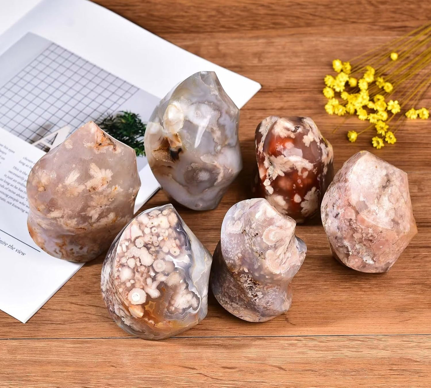 AMOYSTONE Cherry Blossom Agate Flame Shaped Stone Towers Obelisk Flower Agate Natural Healing Crystal Quartz Reiki Energy Decoration Home Office 1.0-1.5LBS