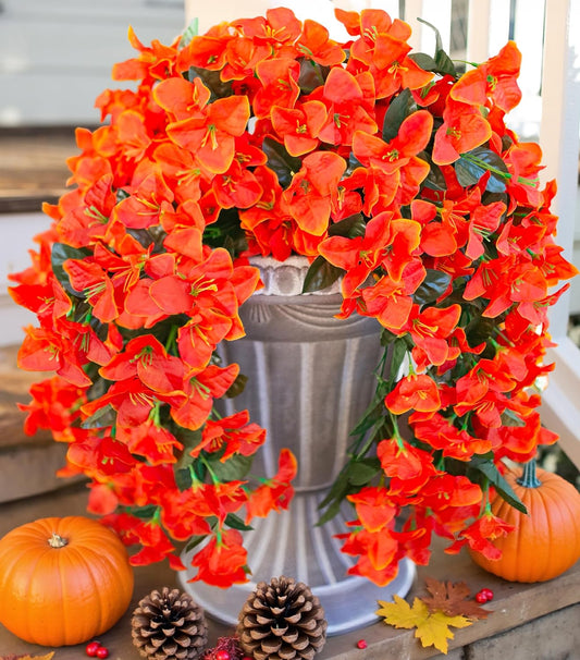 Bougainvillea Artificial Fall Hanging Flowers Plants for Outdoors Autumn Decoration, 2pcs Faux Bougainvillea Vines Orange Fake Flowers Realistic UV Resistant Silk Flowers for Outside Planter Yard Home
