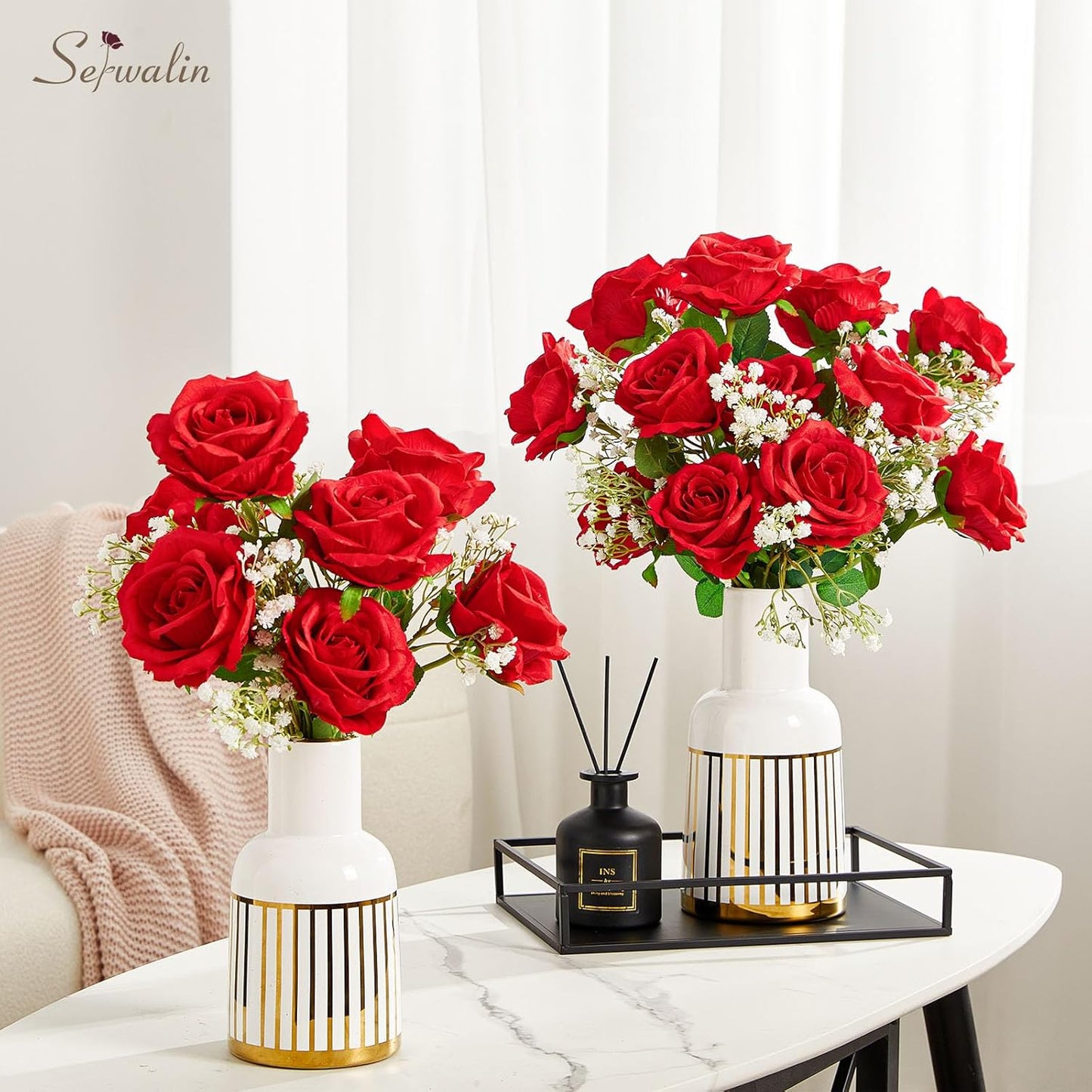 Serwalin 20Pcs Artificial Bright Red Roses, 4''Big Velvet Flower Head Fake Roses, Real Touch Silk Roses, Long Stems Realistic Roses Bouquet for Wedding Table Centerpiece and Home Decor