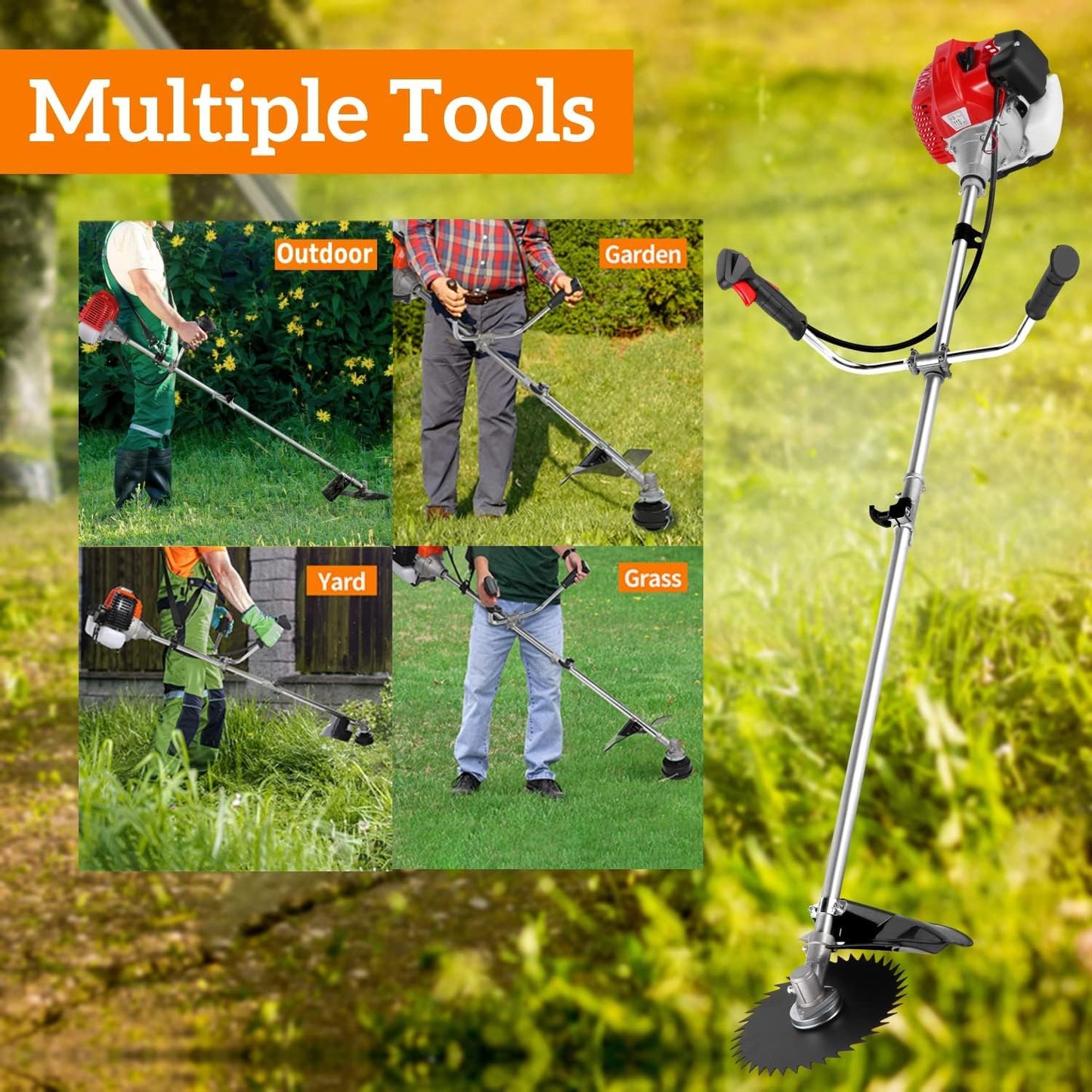 COOCHEER 4 in 1 Brush Cutter Gas Powered,58cc Weed Wacker Gas Powered, 2 Cycle Straight Shaft String Trimmer Grass Cutter Machine for Lawn and Garden Care Trimming, Orange